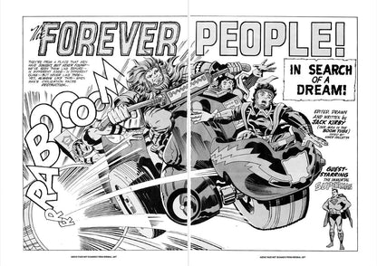 Comic book page with 'Forever People!' title and characters on a motorcycle.