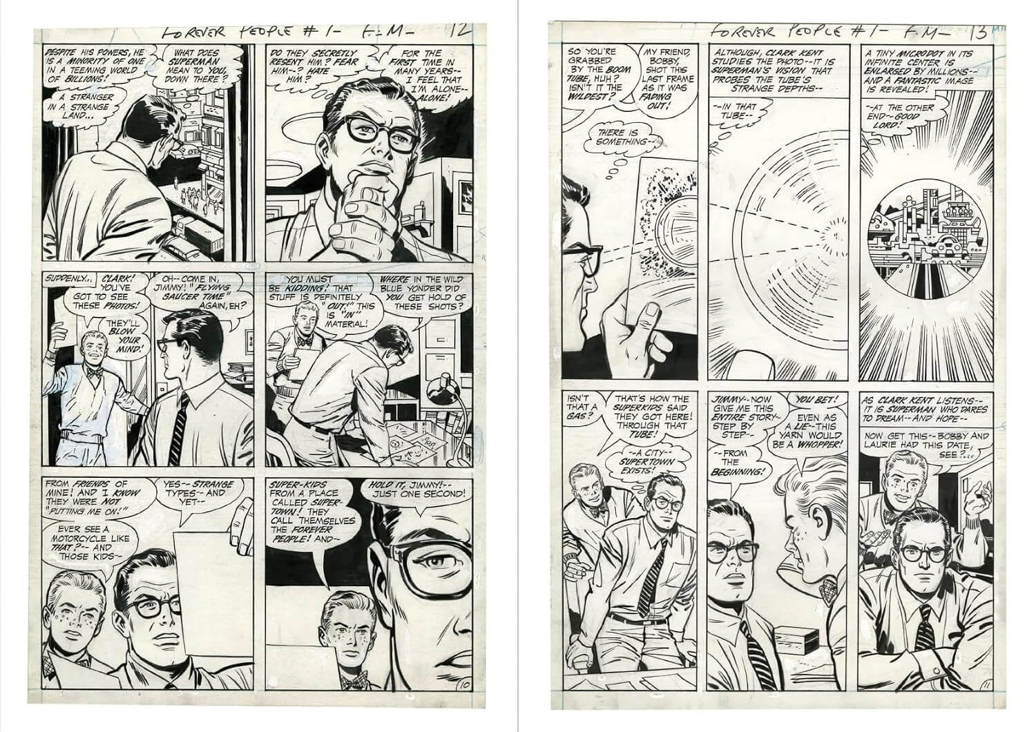 Two original comic book pages from 'The Loud House' film, featuring black ink panel drawings on off-white paper with handwritten title notes at the top.