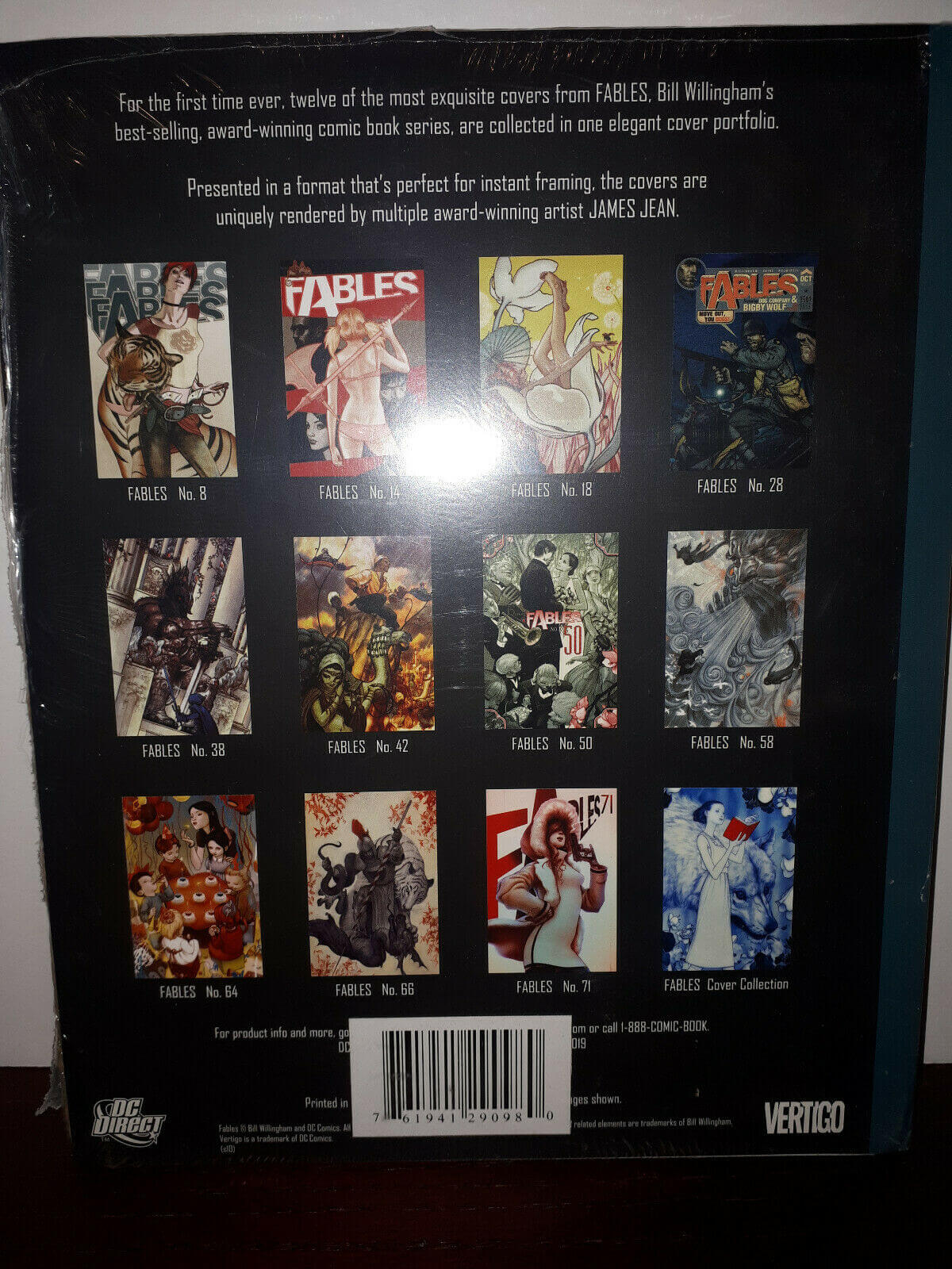 Back cover of a Vertigo Comics Fables collection book or box, showing multiple illustrated cover previews arranged in a grid on a black background, with a barcode and text at the top and bottom.