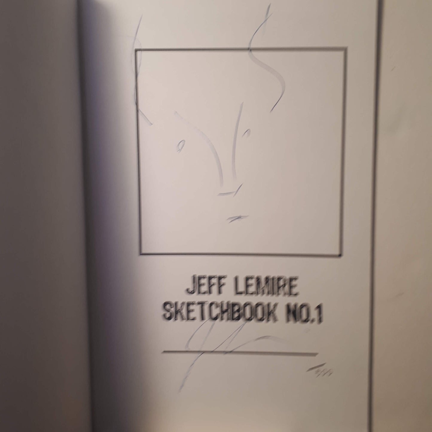 A close-up of a sketchbook page featuring a simple black line drawing inside a square frame and the text 'JEFF LEMIRE SKETCHBOOK NO.1' printed below.