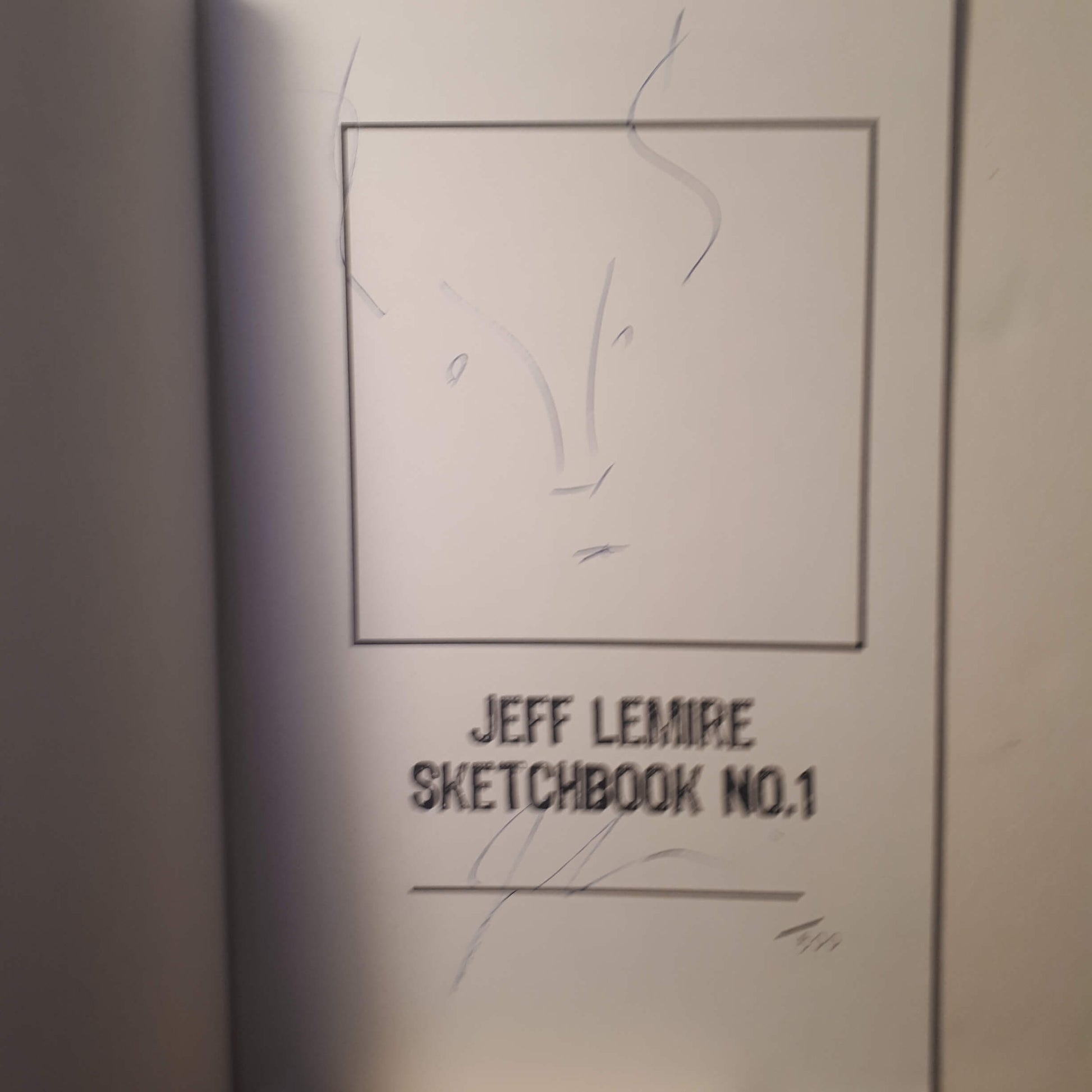 A close-up of a sketchbook page featuring a simple black line drawing inside a square frame and the text 'JEFF LEMIRE SKETCHBOOK NO.1' printed below.