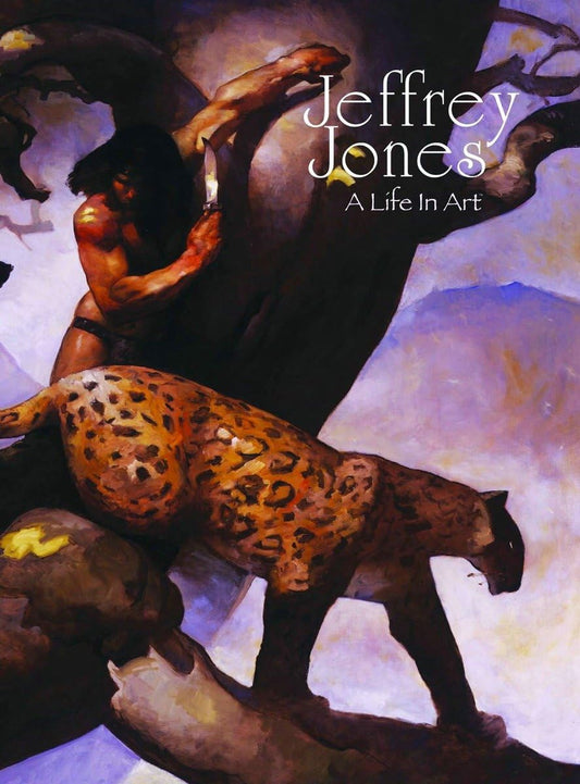 Cover of the book 'JEFFREY JONES A LIFE IN ART HC' featuring an illustration of a person painting a leopard, with a dark background and a sense of drama.