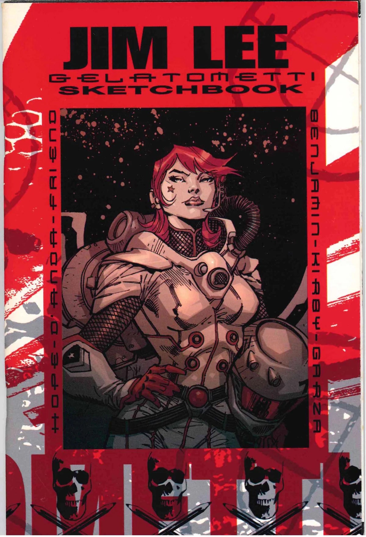 Front cover of the Jim Lee Gelatometti Sketchbook, featuring a stylized comic illustration with a red-haired character in armor against a dark central panel, surrounded by bold red and black graphic borders and text.