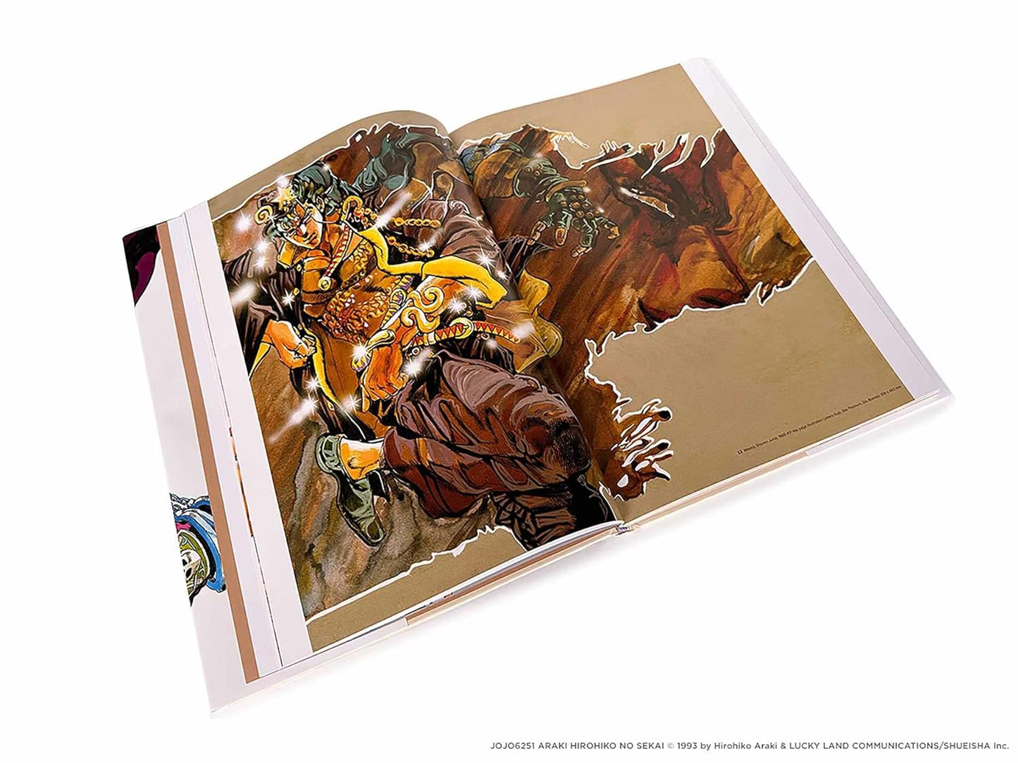 Open book displaying a detailed illustration of a character on horseback with a scenic background.
