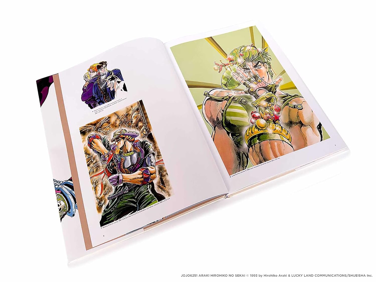 An open art book or magazine on a white background, showing printed anime-style illustrations on the pages. The right page features a large colorful illustration of a green-haired character, and the left page includes smaller character panels.