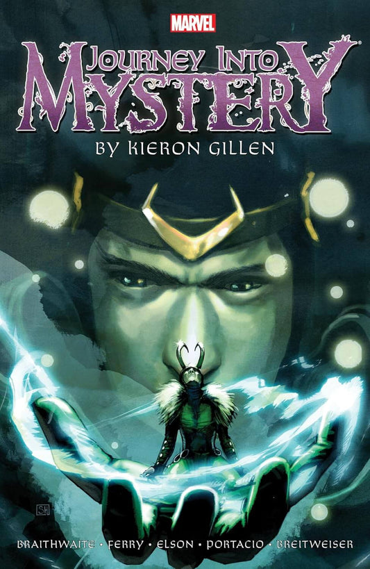 Marvel comic book cover for Journey Into Mystery by Kieron Gillen, featuring a large stylized face in the background, a small horned figure in the foreground, and glowing blue energy effects across the lower half.