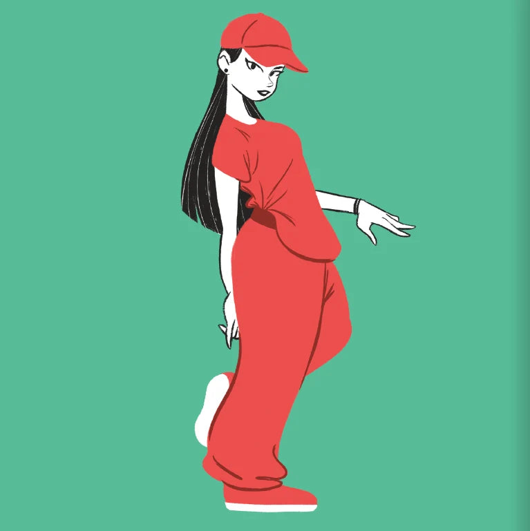 A stylized illustration of a person wearing a red cap, red outfit, and white shoes against a solid green background.
