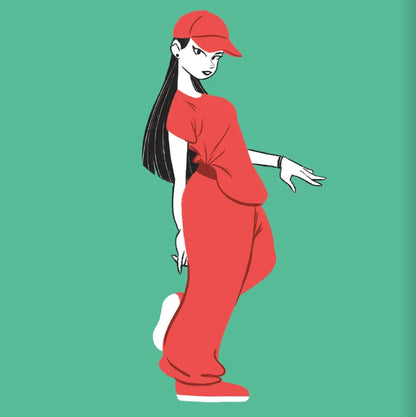 A stylized illustration of a person wearing a red cap, red outfit, and white shoes against a solid green background.