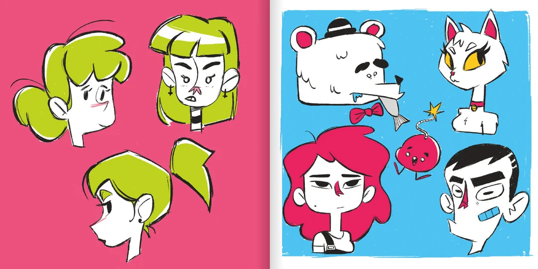 A split-panel illustration sheet with cartoon character designs. The left panel has three stylized green-haired female faces on a pink background, and the right panel has five cartoon faces and animals on a blue background.