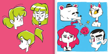 A split-panel illustration sheet with cartoon character designs. The left panel has three stylized green-haired female faces on a pink background, and the right panel has five cartoon faces and animals on a blue background.