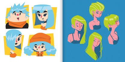 A set of cartoon-style character head and hair designs shown in two panels: the left panel contains four cropped character portraits with different hair colors and expressions, and the right panel shows five full illustrated female head-and-shoulder portraits with varied green, yellow, and blue hair. The artwork uses a flat, graphic style on a white and blue background.
