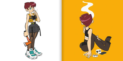 A split-panel illustration showing a cartoon woman with short reddish hair. The left panel on a white background shows her standing and smoking a cigarette while holding a tool.