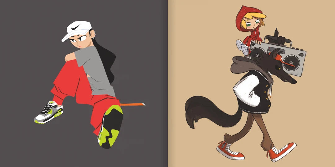 A split-panel illustration showing two cartoon streetwear characters. The left panel on a dark gray background shows a person in a white cap, gray shirt, red pants, and multicolor sneakers leaning back.