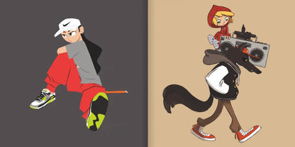 A split-panel illustration showing two cartoon streetwear characters. The left panel on a dark gray background shows a person in a white cap, gray shirt, red pants, and multicolor sneakers leaning back.