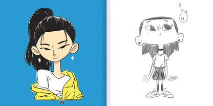 A split-panel illustration showing a cartoon female character on the left in a blue background and a black-and-white line drawing of the same character on the right.