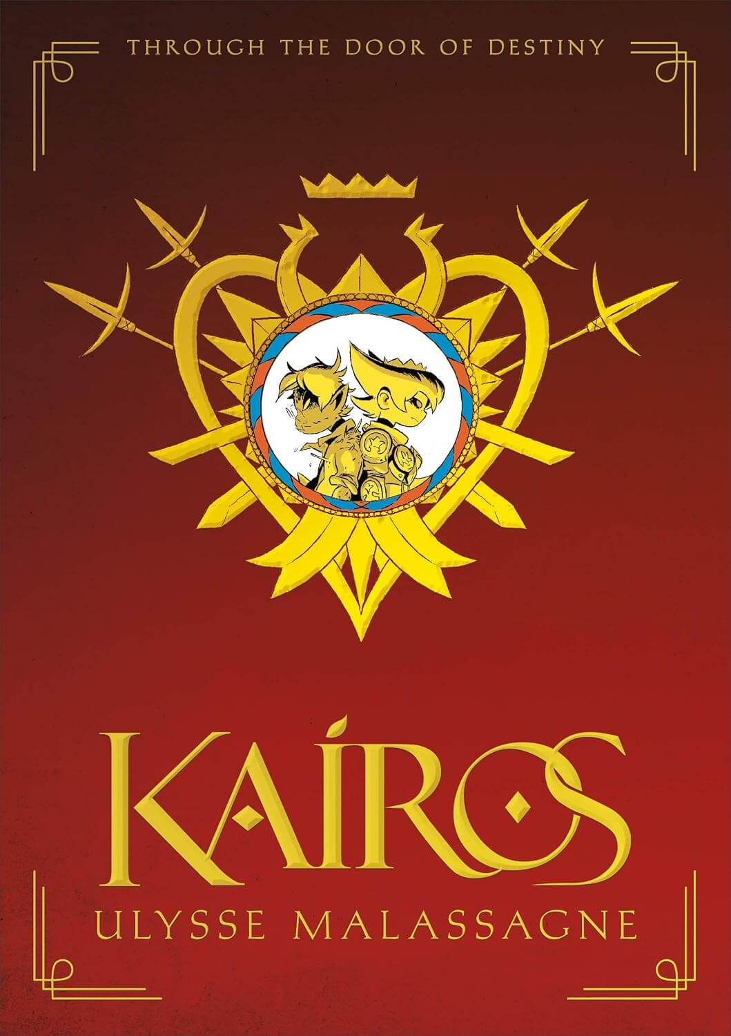 Cover of the graphic novel 'KAIROS HC GN' featuring two characters in a fantasy setting with a red background.