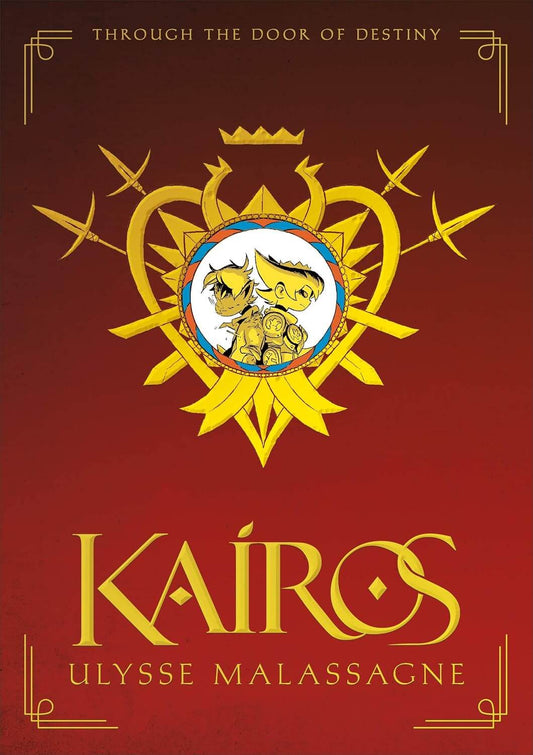 Cover of the graphic novel 'KAIROS HC GN' featuring two characters in a fantasy setting with a red background.