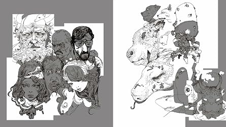 Black and white illustrations of people and a horse on a gray background