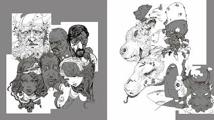 Black and white illustrations of people and a horse on a gray background