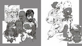 Black and white illustrations of people and a horse on a gray background