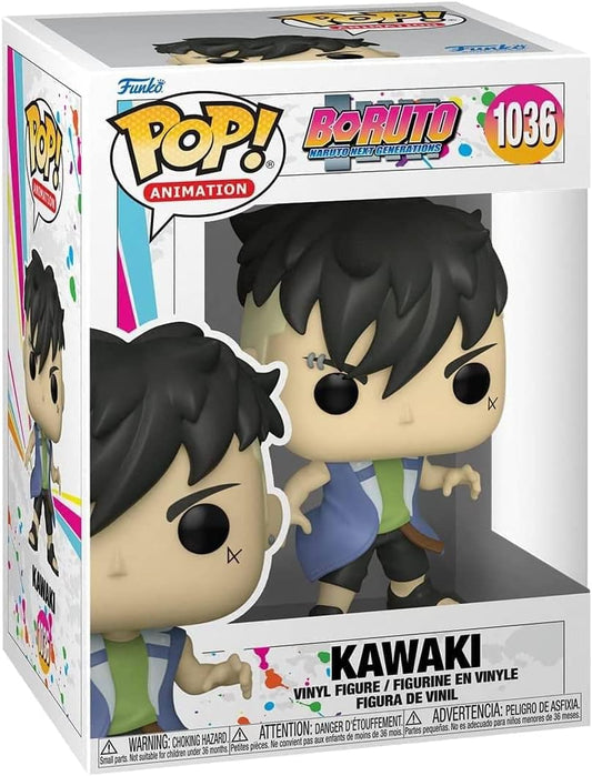 Funko Pop! vinyl figure packaging featuring Kawaki from Boruto with colorful branding.
