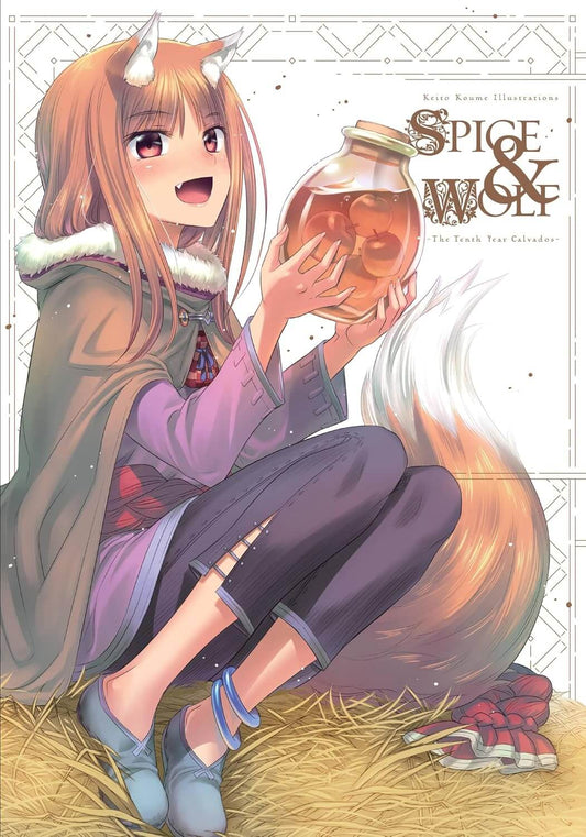 Cover of the 'Spice & Wolf Tenth Year Companion' art book featuring an illustration of a character holding a bottle, with a wolf's face in the background.