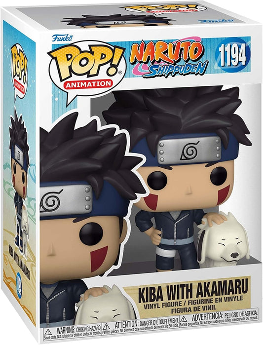 Funko Pop! vinyl figure packaging featuring Kiba with Akamaru from Naruto, in front of a white background.