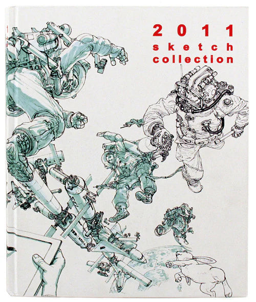 A sketchbook or art publication cover titled '2011 sketch collection' with line-art illustrations of astronauts and robotic figures in pale green and black on an off-white background. A Superani book