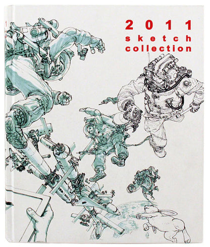 A sketchbook or art publication cover titled '2011 sketch collection' with line-art illustrations of astronauts and robotic figures in pale green and black on an off-white background. A Superani book