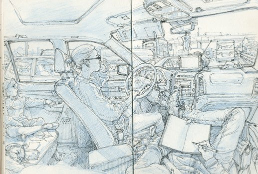 A monochrome line drawing showing a person driving a car while holding a notebook and pen, with additional figures and vehicles visible in the background.