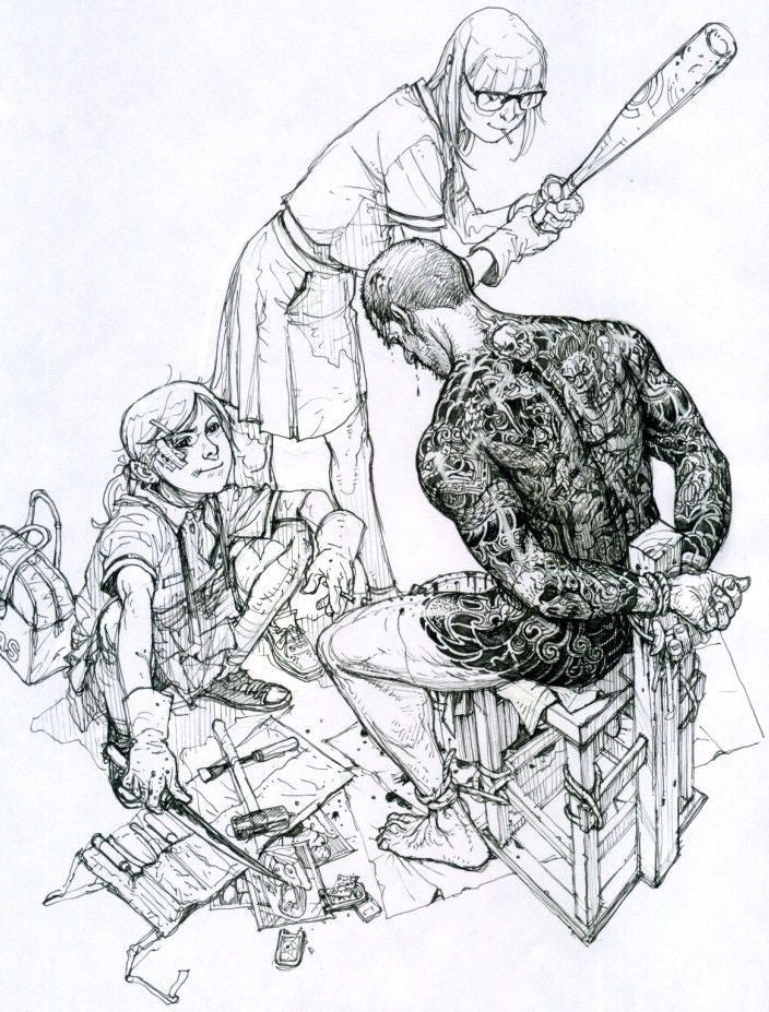 Black and white ink sketch depicting three characters in a dramatic scene, with one standing figure holding a baseball bat, one seated figure with tattoos facing away, and another seated figure working at tools on the floor.