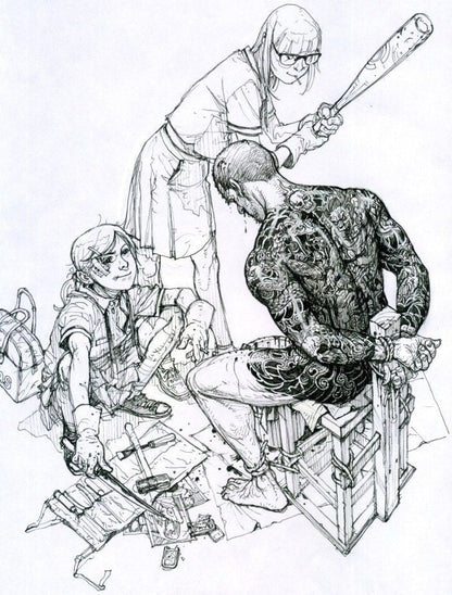 Black and white ink sketch depicting three characters in a dramatic scene, with one standing figure holding a baseball bat, one seated figure with tattoos facing away, and another seated figure working at tools on the floor.