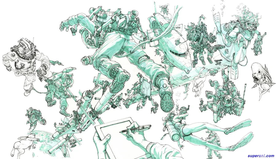 A white background filled with a collage of hand-drawn concept art sketches in mint green and black ink, depicting futuristic sci-fi characters, vehicles, and mechanical figures. A small 'superafi.