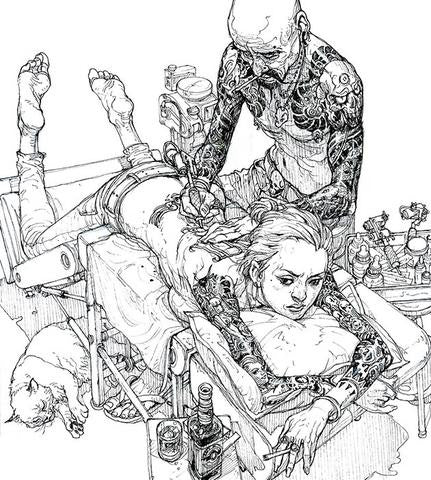 Black and white line art illustration depicting a tattoo artist working on a client at a tattoo table, with a cat on the floor and tattoo machines and bottles in the background.