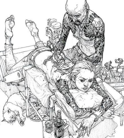 Black and white line art illustration depicting a tattoo artist working on a client at a tattoo table, with a cat on the floor and tattoo machines and bottles in the background.