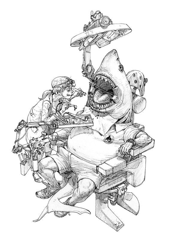 Black and white hand-drawn illustration of a dentist and a shark patient in a surreal, steampunk-style dental chair scene.