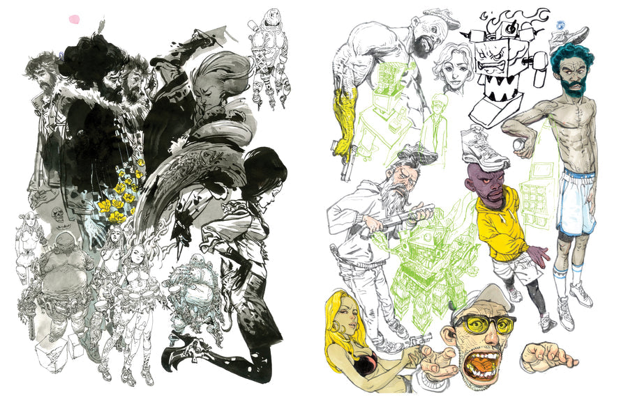 A split-panel artwork on a white background showing two groups of illustrated figures. The left panel is mostly black, white, and gray ink-style drawings, while the right panel includes several full-color character sketches in yellow, blue, purple, green, and skin-tone colors.