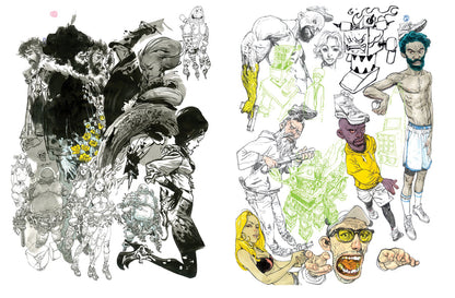 A split-panel artwork on a white background showing two groups of illustrated figures. The left panel is mostly black, white, and gray ink-style drawings, while the right panel includes several full-color character sketches in yellow, blue, purple, green, and skin-tone colors.