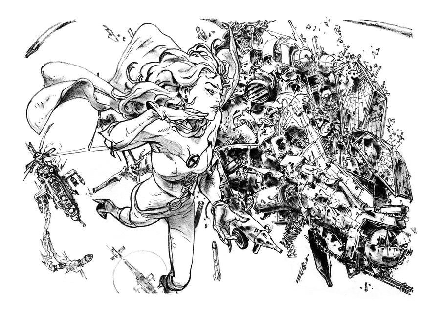 Black and white ink illustration of a dynamic female superhero figure in motion, with a dramatic explosion of weapons, machinery, and chaotic elements to the right.