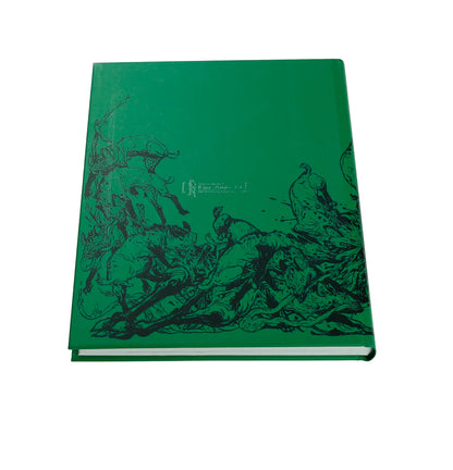 A green hardcover book or art print featuring black line art illustrations and a small white logo near the top center, shown on a plain white background.