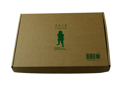 A brown cardboard box with a green printed silhouette of a soldier and the text '2018 Collection' on the lid, photographed on a white background.