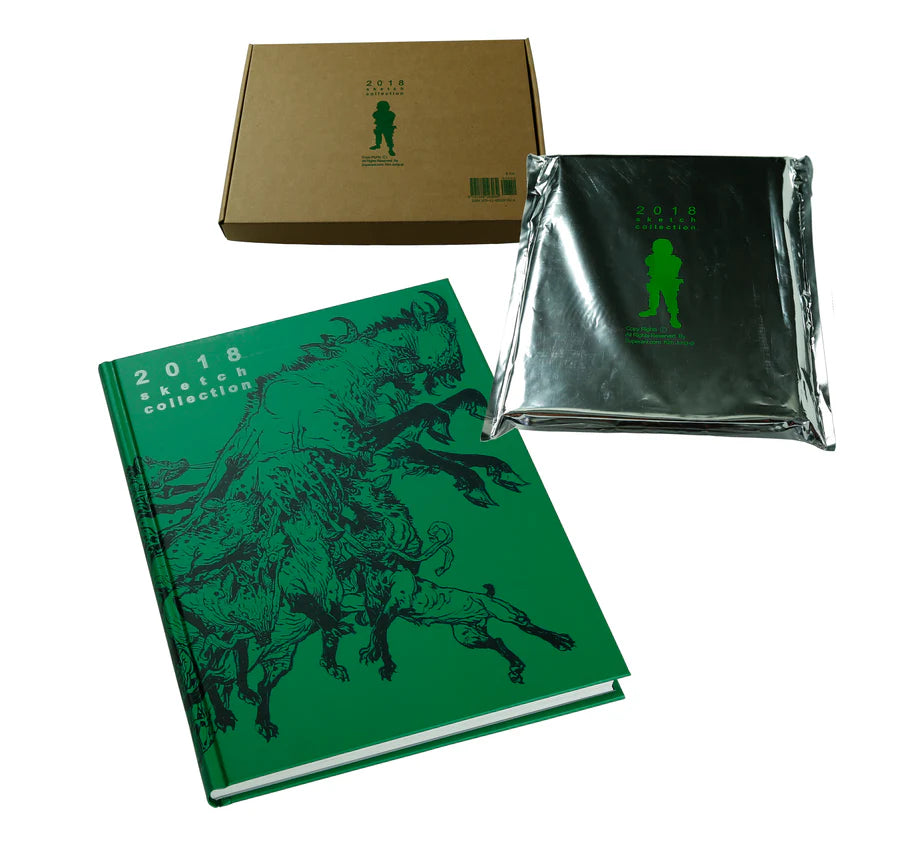 A collector's edition book set featuring a green hardcover book titled '2018 fauna collection' with black illustrations, a brown cardboard box, and a silver foil mailer envelope, all branded with 'SUSPENSE AGENCY'.