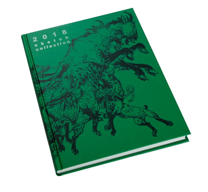 A hardcover art book titled '2018 sketch collection' with a green cover featuring black ink sketches of animals, shown on a plain white background.
