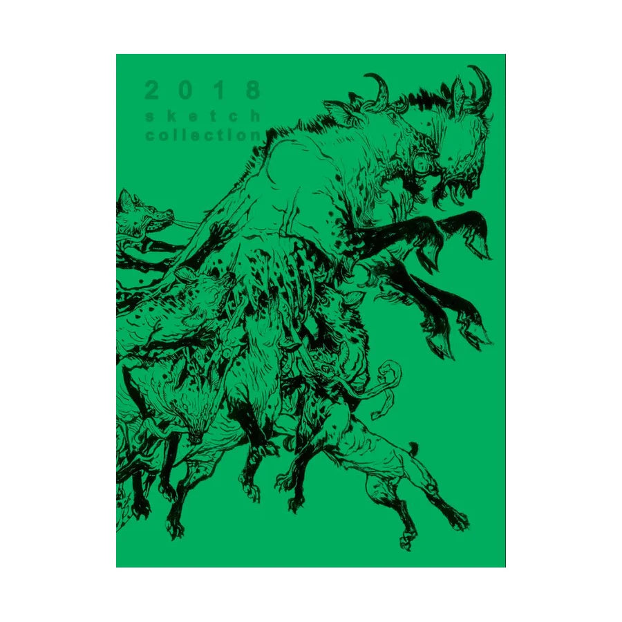 A square art print or book cover titled '2018 sketch collection' featuring a green background with black ink-style illustrations of multiple horned, muscular animal-like figures. The text is at the top left, and the artwork fills most of the square product area.