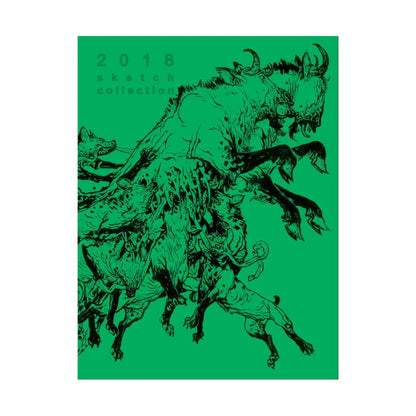 A square art print or book cover titled '2018 sketch collection' featuring a green background with black ink-style illustrations of multiple horned, muscular animal-like figures. The text is at the top left, and the artwork fills most of the square product area.