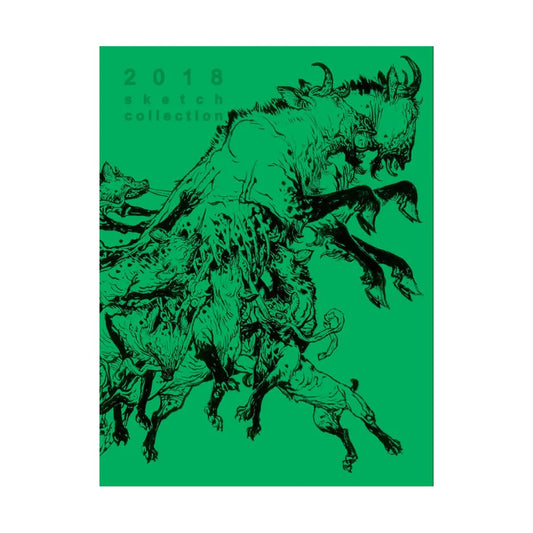 A square art print or book cover titled '2018 sketch collection' featuring a green background with black ink-style illustrations of multiple horned, muscular animal-like figures. The text is at the top left, and the artwork fills most of the square product area.