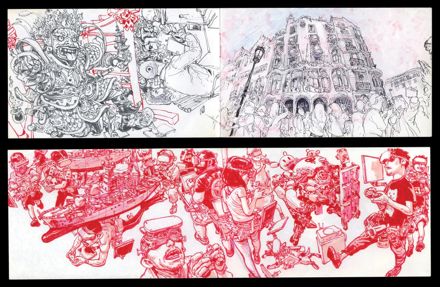 A two-panel art print featuring black and white line art on the top and red line art on the bottom, both on a white background with black borders.