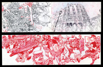A two-panel art print featuring black and white line art on the top and red line art on the bottom, both on a white background with black borders.