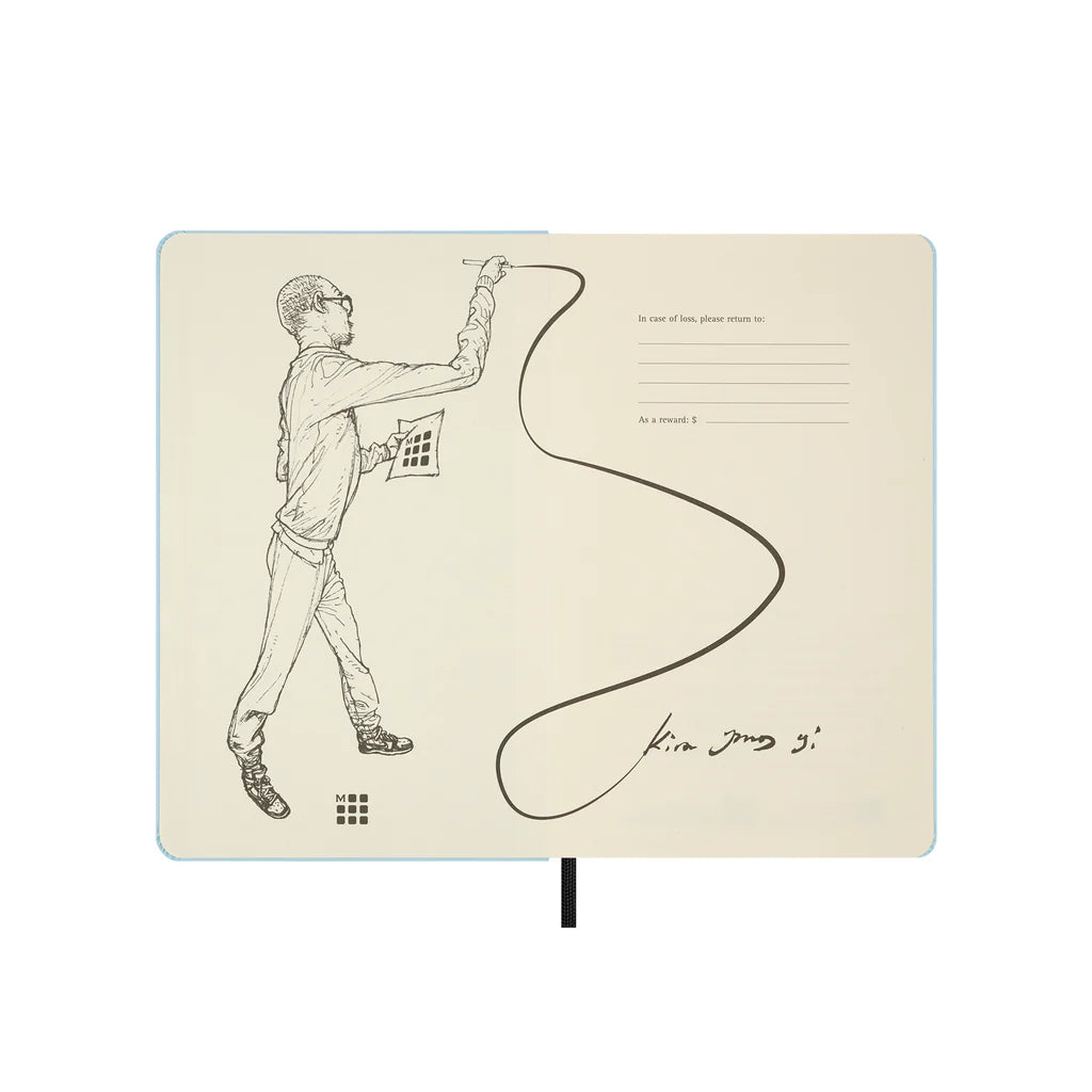 Notebook with a design of a person writing on a white background