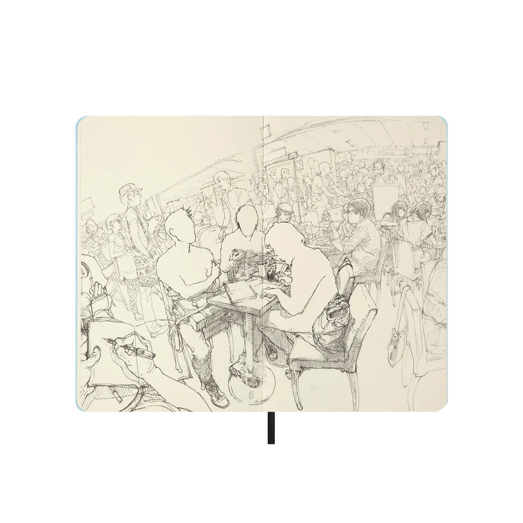 Illustrated notebook with a scene of people at a table on a white background